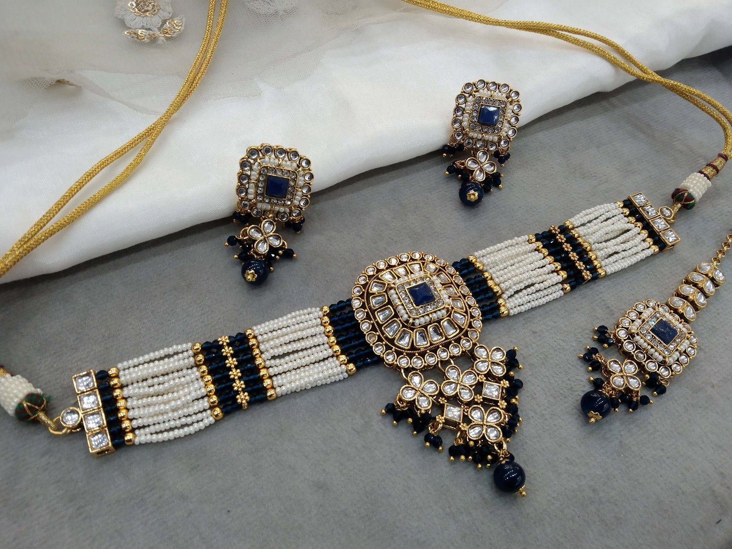 Indian Jewellery Gold Pista Navy Blue Kundan choker Set/ kundan choker Priya Jewellery Set