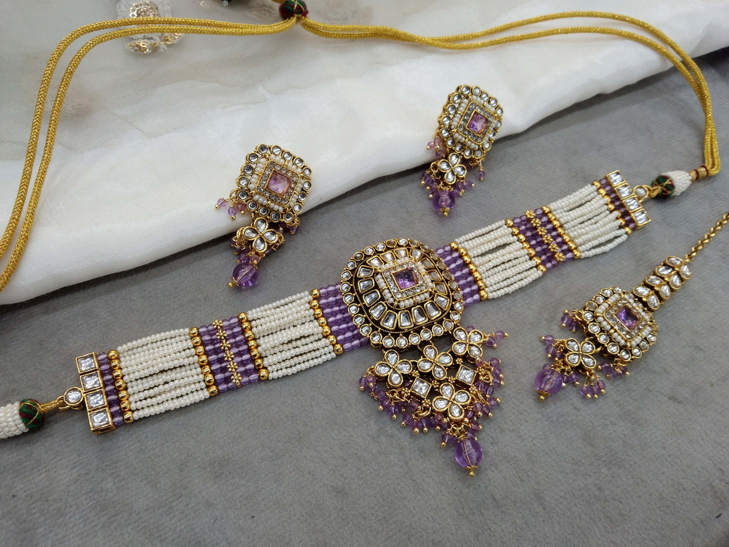 Indian Jewellery Gold Lavender Kundan choker Set/ kundan choker Priya Jewellery Set