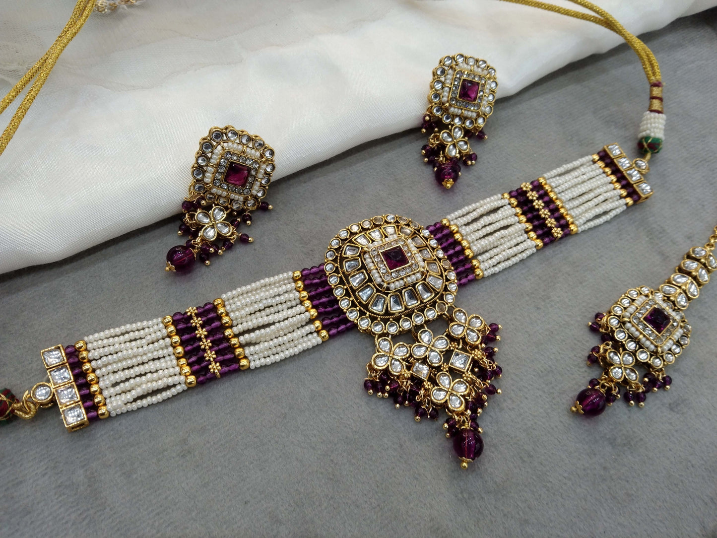 Purple Indian Jewellery Gold Kundan choker Set/ kundan choker Priya Jewellery Set