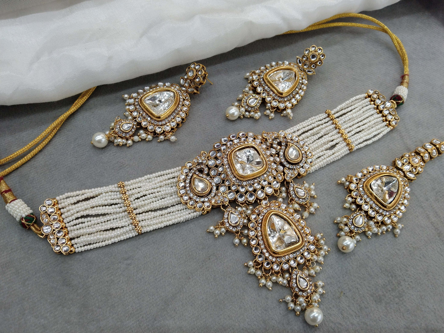 Indian Jewellery Gold White Kundan choker Set/ kundan choker Kundan Meet Set