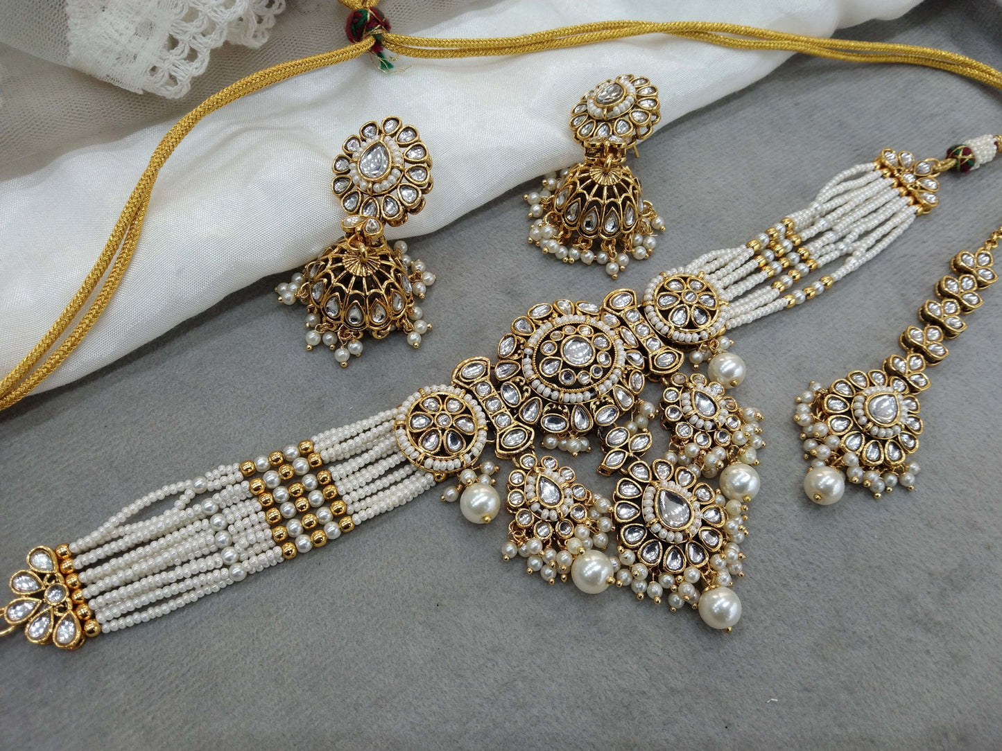 Indian Jewellery Kundan Gold White choker Set/ kundan choker Kundan Siya Necklace Set