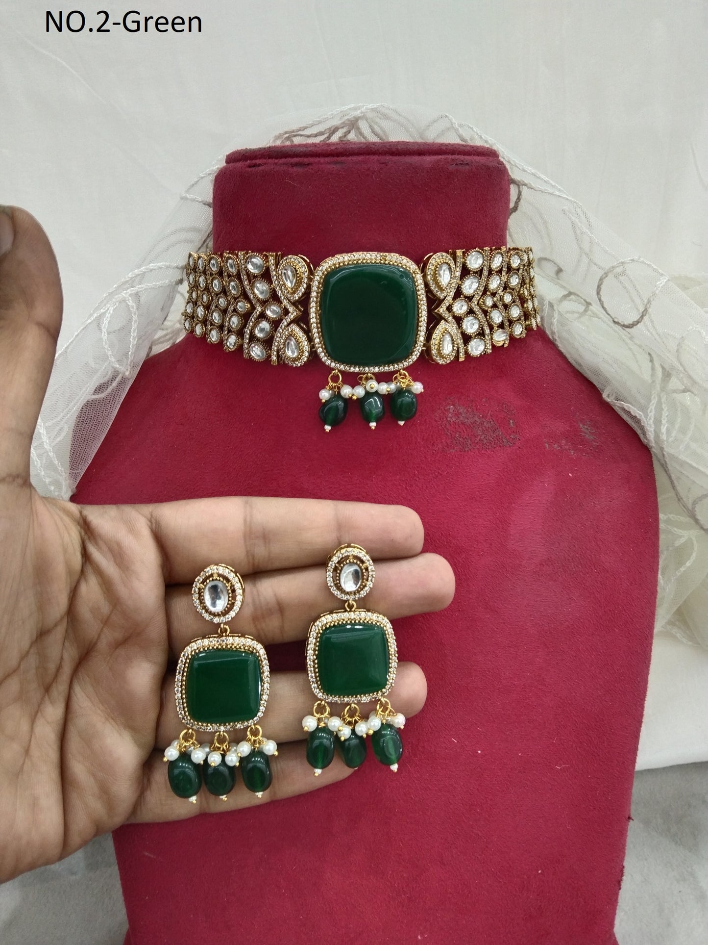Moissanite Indian Jewellery kundan Green choker Set Indian Jewellery Roma Wedding Set