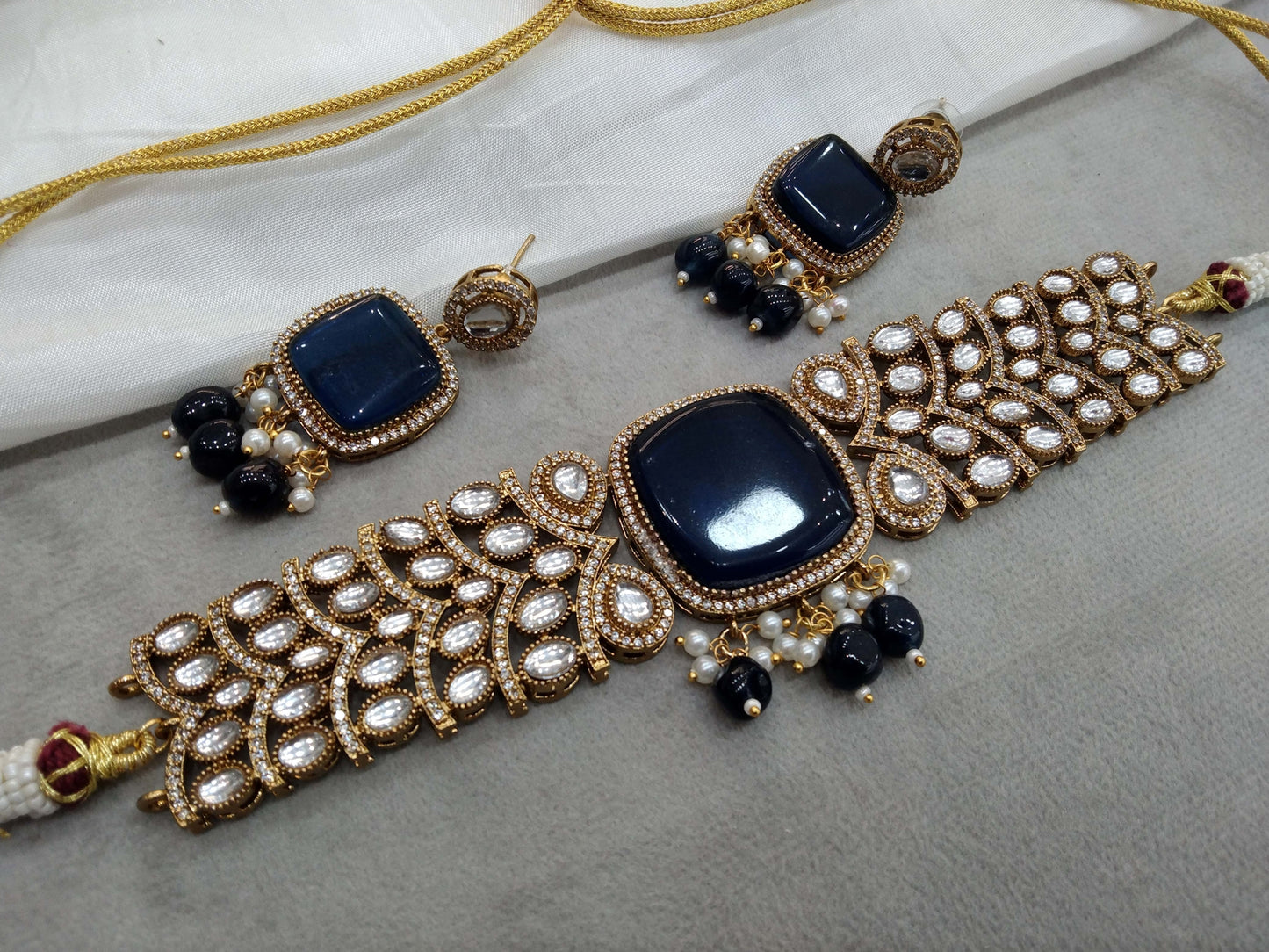 Moissanite Indian Jewellery kundan Navy Blue choker Set Indian Jewellery Roma Wedding Set