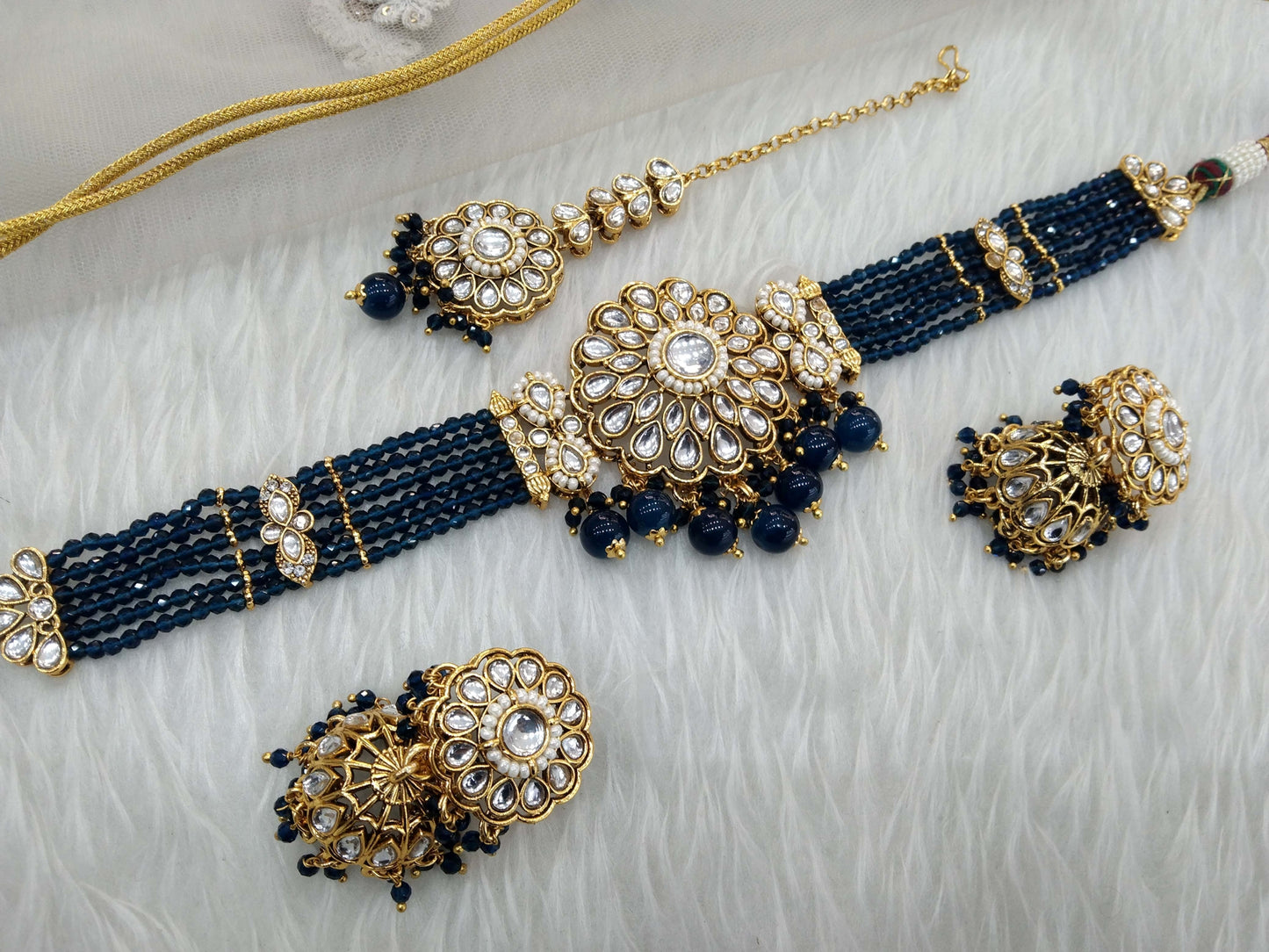 Navy Blue Choker Set Indian Jewellery Gold Kundan choker Set/ kundan choker Setin Set