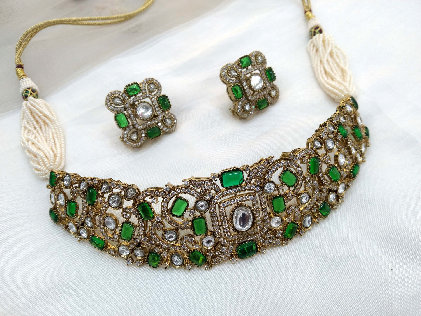 Moissanite Green choker Jewellery Set /Indian Kundan Choke Set/ Indian saniya Jewellery