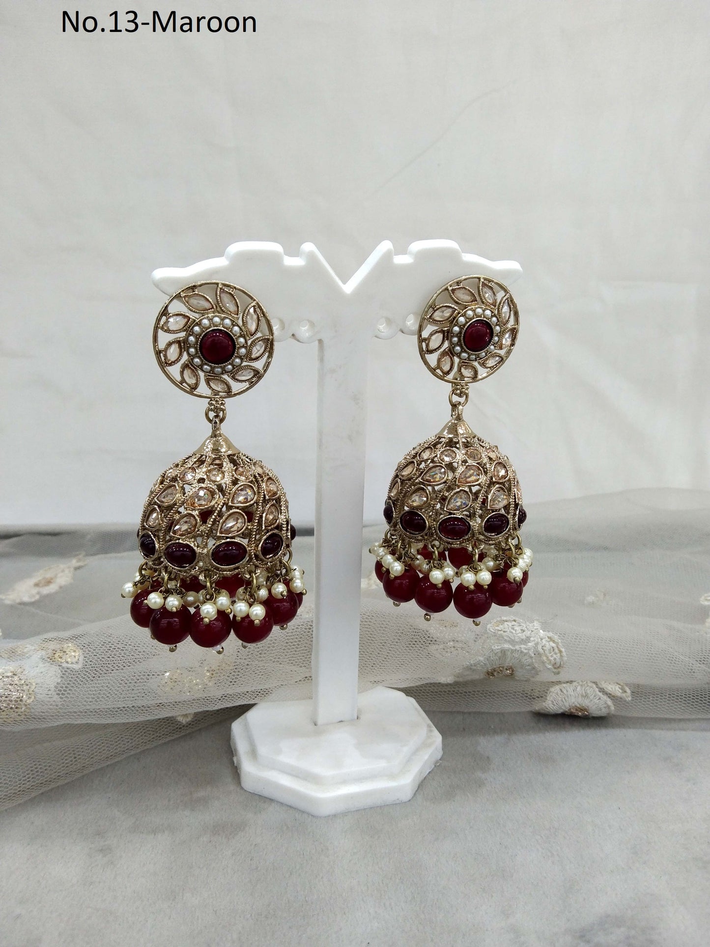 Antique Gold Maroon Indian jhumka Earrings Jewellery/ Punjabi Jhumka Earrings Suman Set