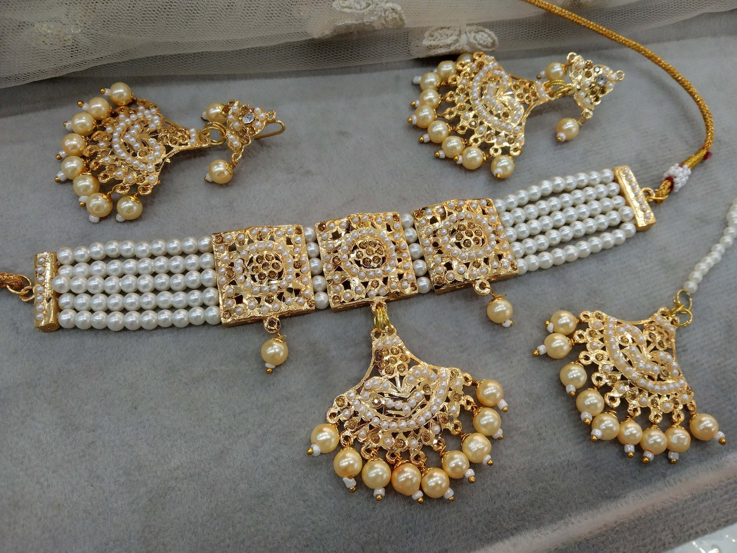Jadau Gold Pearl Choker Necklace Set/Gold ivory Indian choker Set/Bollywood Punjabi Indian Jewellery/Muslim choker Set