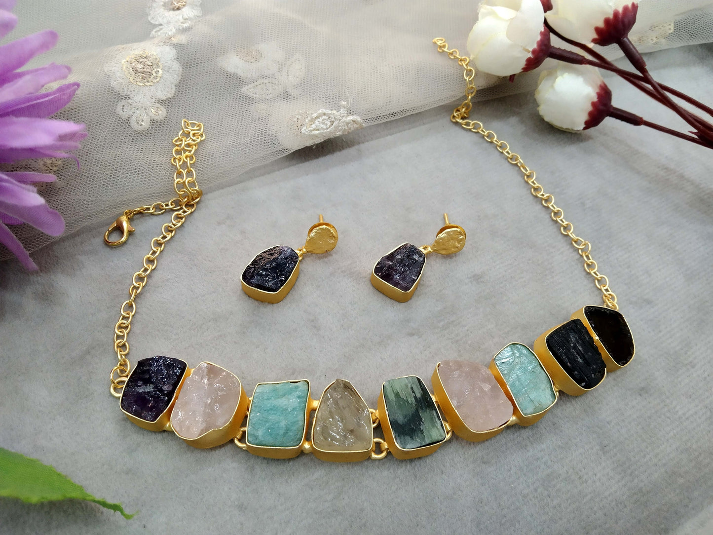 Gold Multicolor western style uncut stone Necklace Set /Indian Necklace Set/ Indian sumu Jewellery