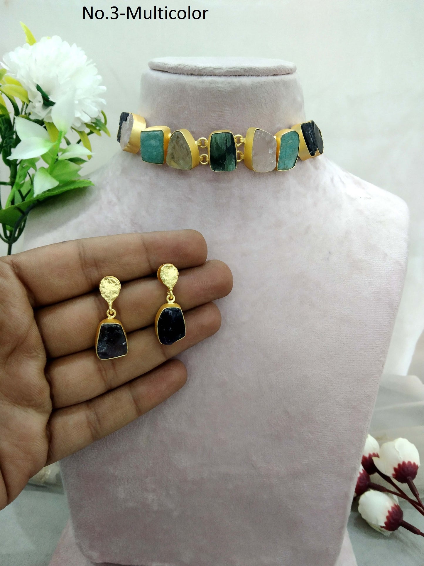 Gold Multicolor western style uncut stone Necklace Set /Indian Necklace Set/ Indian sumu Jewellery