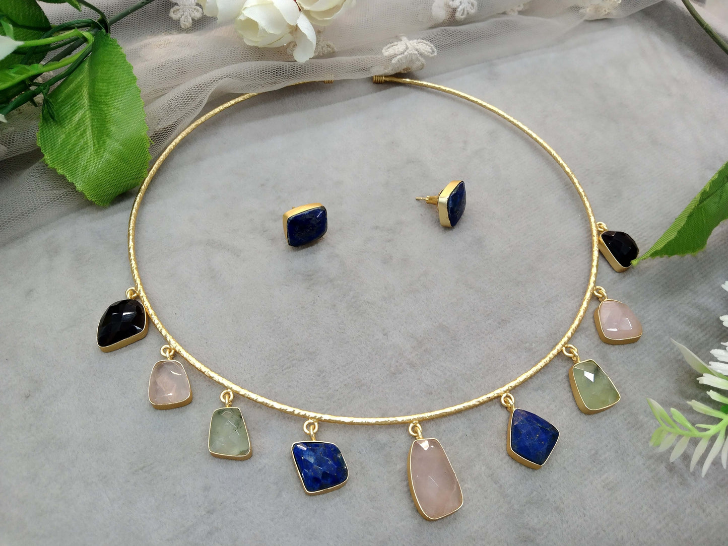 Gold Navratan western style uncut stone Necklace Set /Indian Necklace Set/ Indian sumu Jewellery