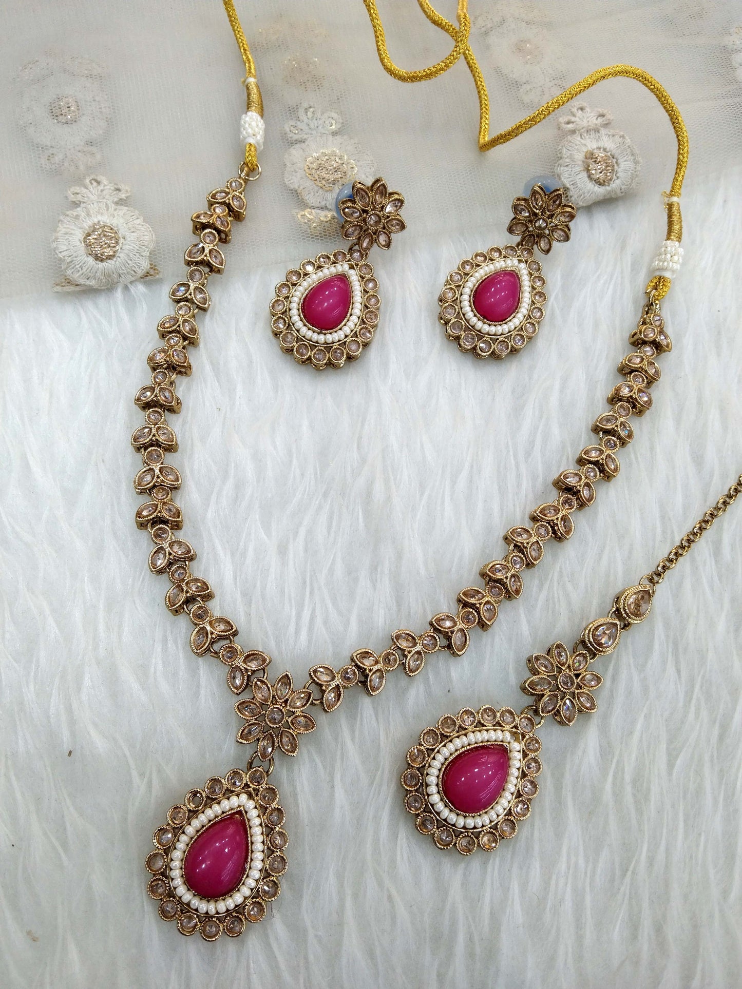 Rani pink indian jeweller Antique gold necklace set/ necklace Indian rishi jewellery set