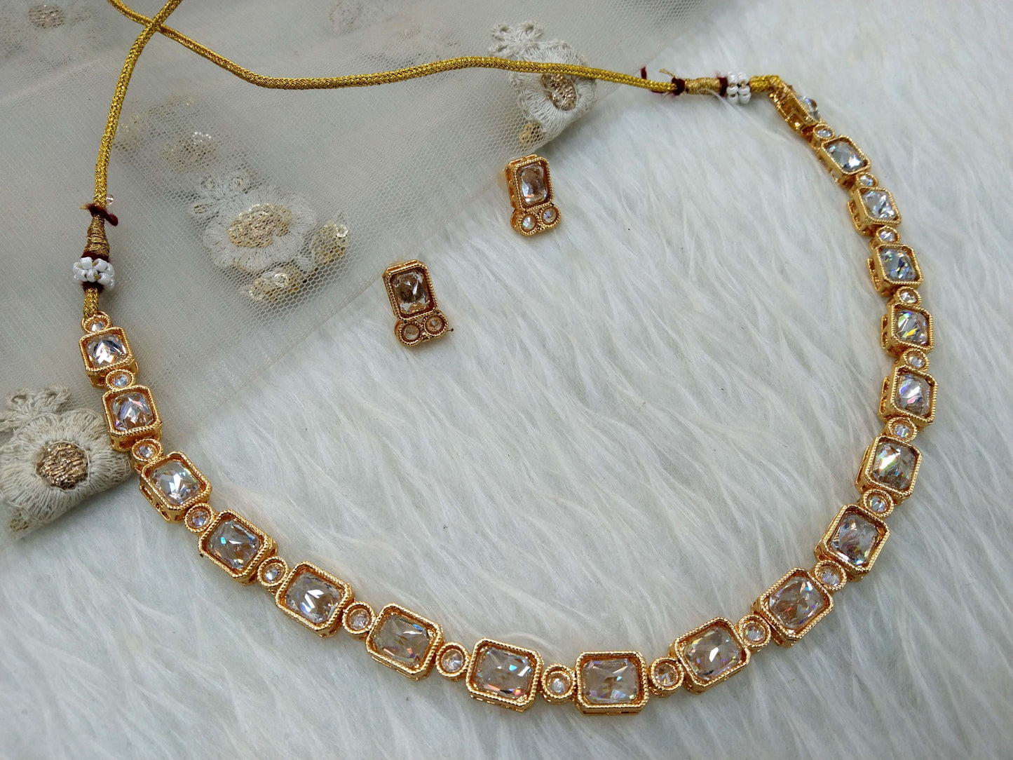 Antique clear crystal Necklace Jewellery Set/gold Indian Bridal Wedding pooja Jewellery