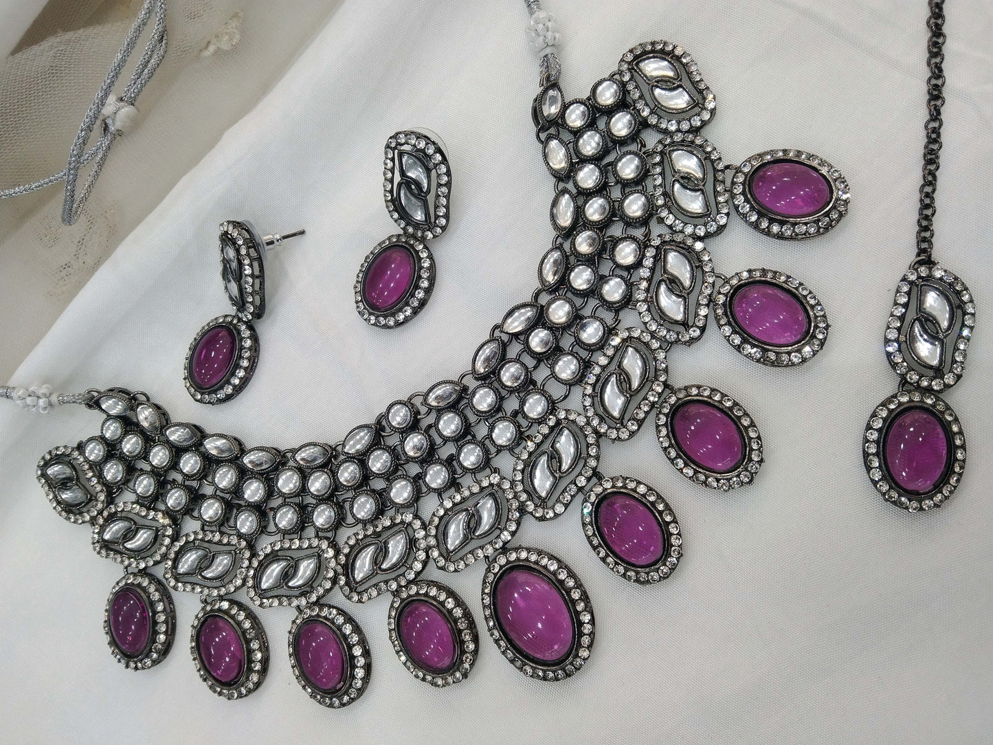 Oxidized silver purple kundan necklace Set/ antique silver tribal Indian bridal shelf Jewellery