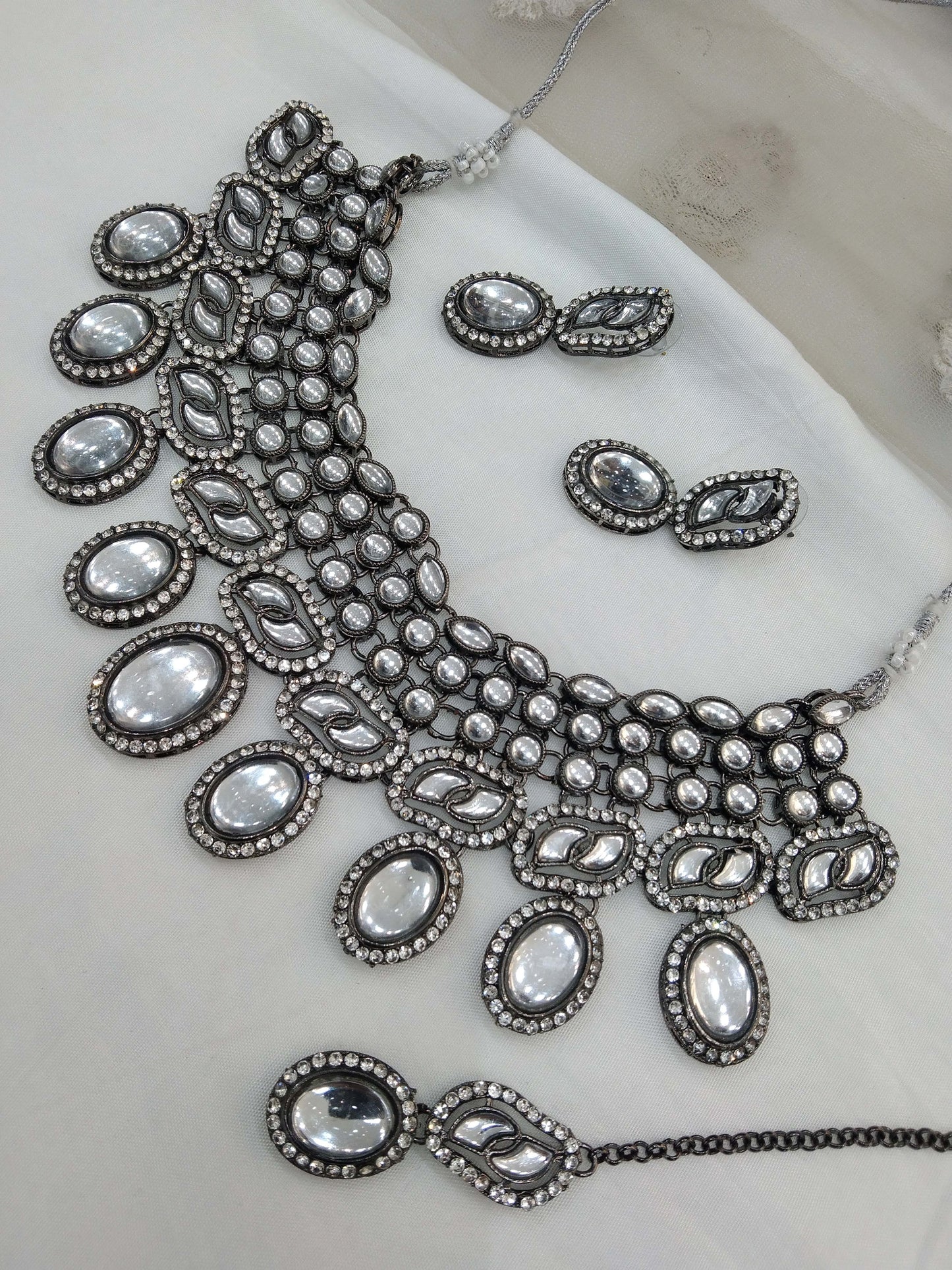 Oxidized silver white kundan necklace Set/ antique silver tribal Indian bridal shelf Jewellery