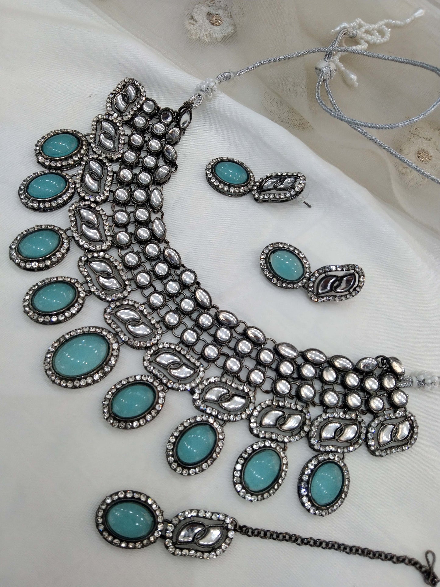 Oxidized silver sky blue kundan necklace Set/ antique silver tribal Indian bridal shelf Jewellery
