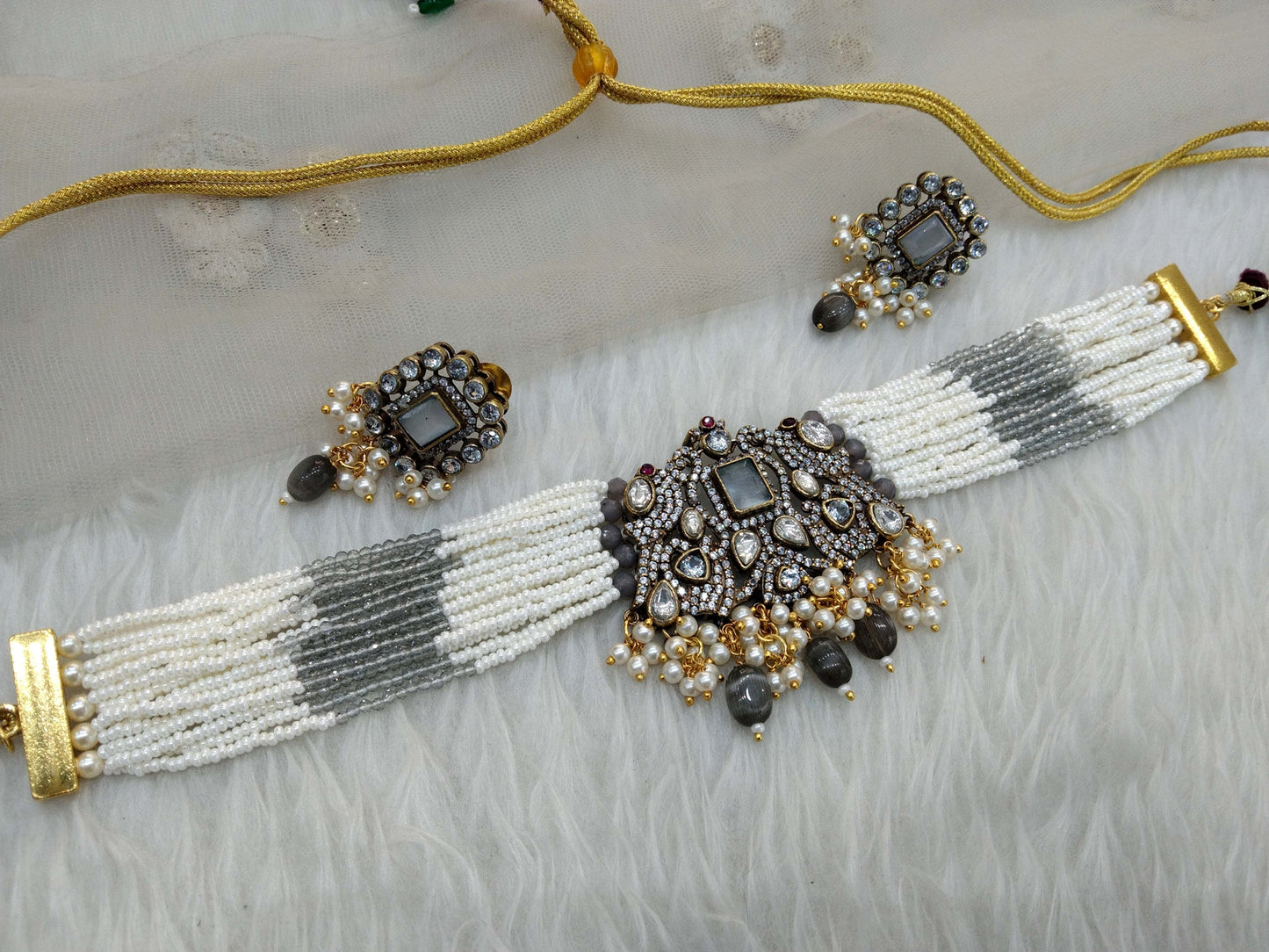Indian kundan Jewellery Gold Grey necklace Indian Jewellery jassi Wedding Set