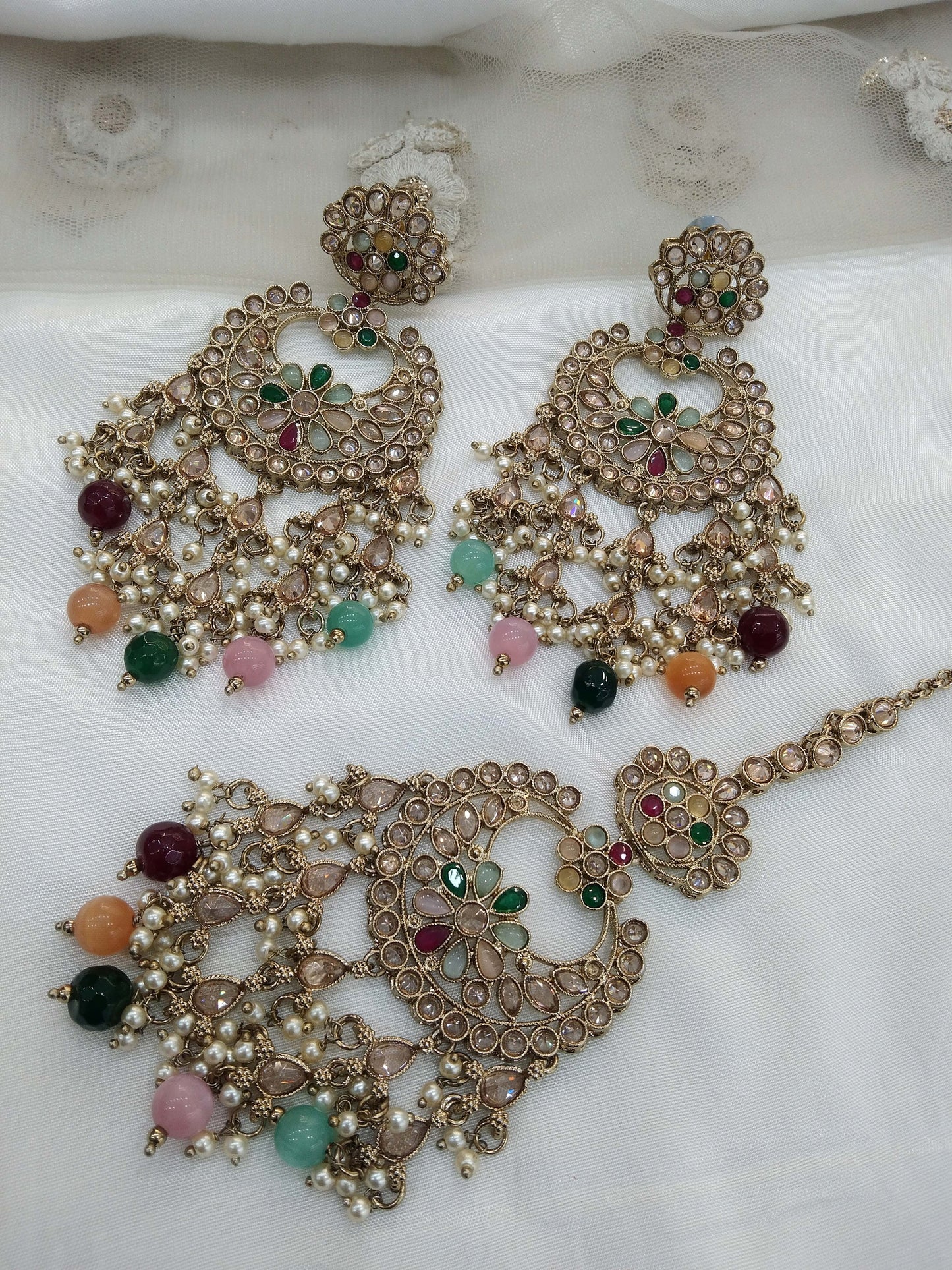 Indian Antique Gold Earrings Jewellery/Multicolor Earrings tikka set/ bollywood Earrings say Set