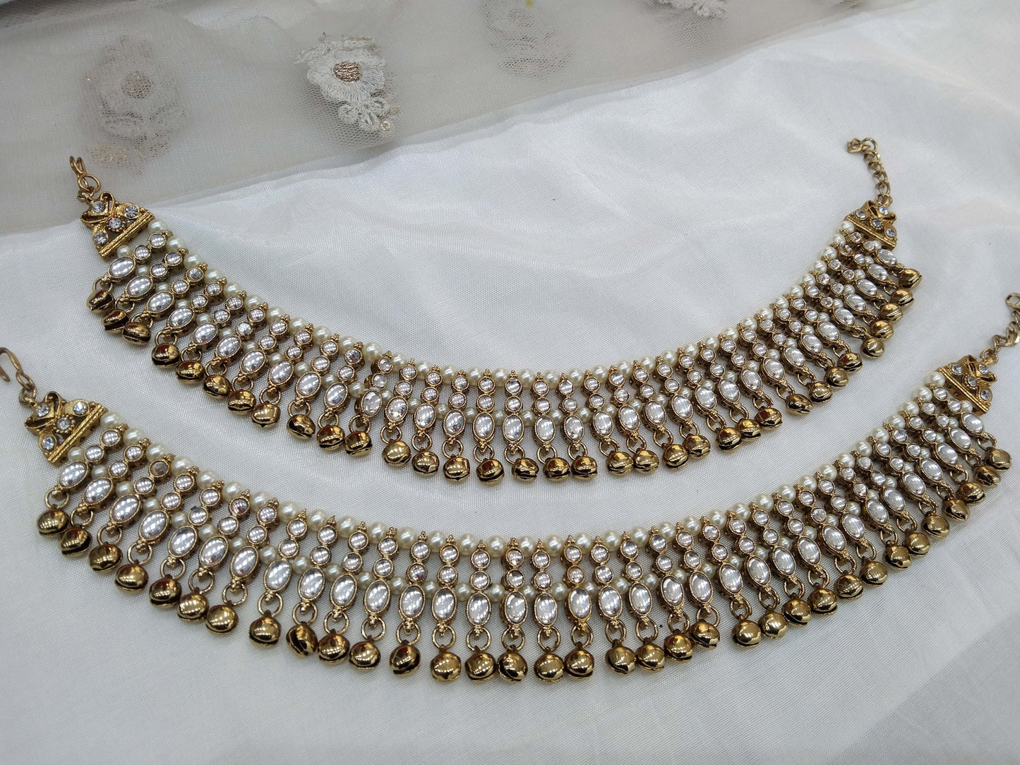 Gold finish kundan anklets Foot Pair Bracelet Indian Payal Jhanjar Jewellery
