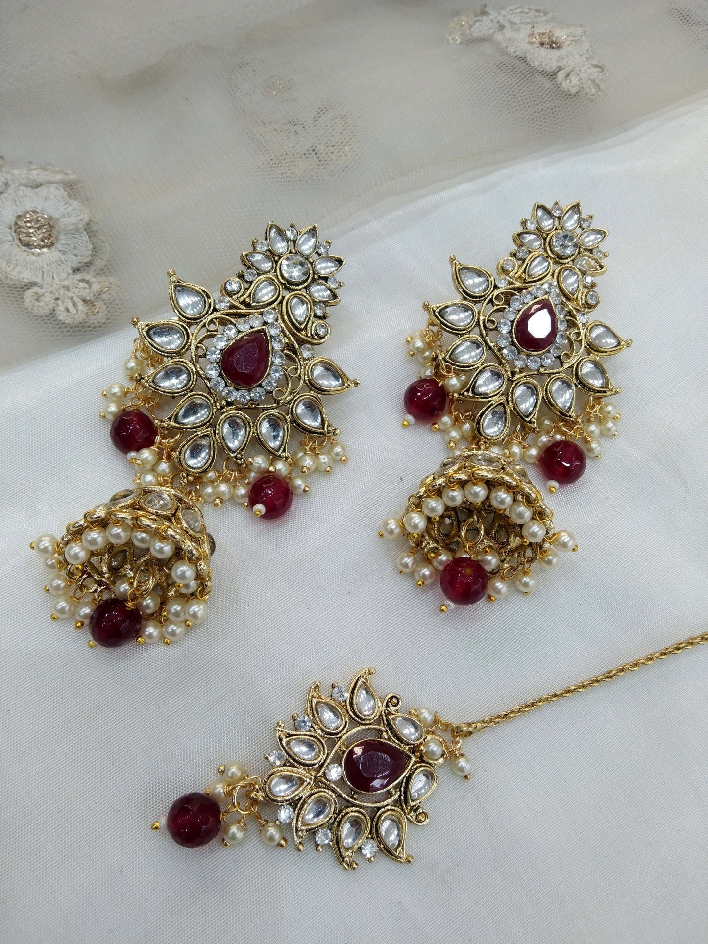 Indian Earrings tikka Jewellery/gold Maroon Earrings tikka set/ bollywood Earrings meenaSet