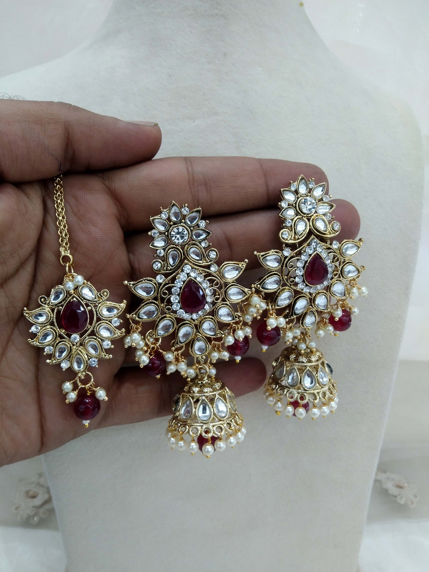 Indian Earrings tikka Jewellery/gold Maroon Earrings tikka set/ bollywood Earrings meenaSet