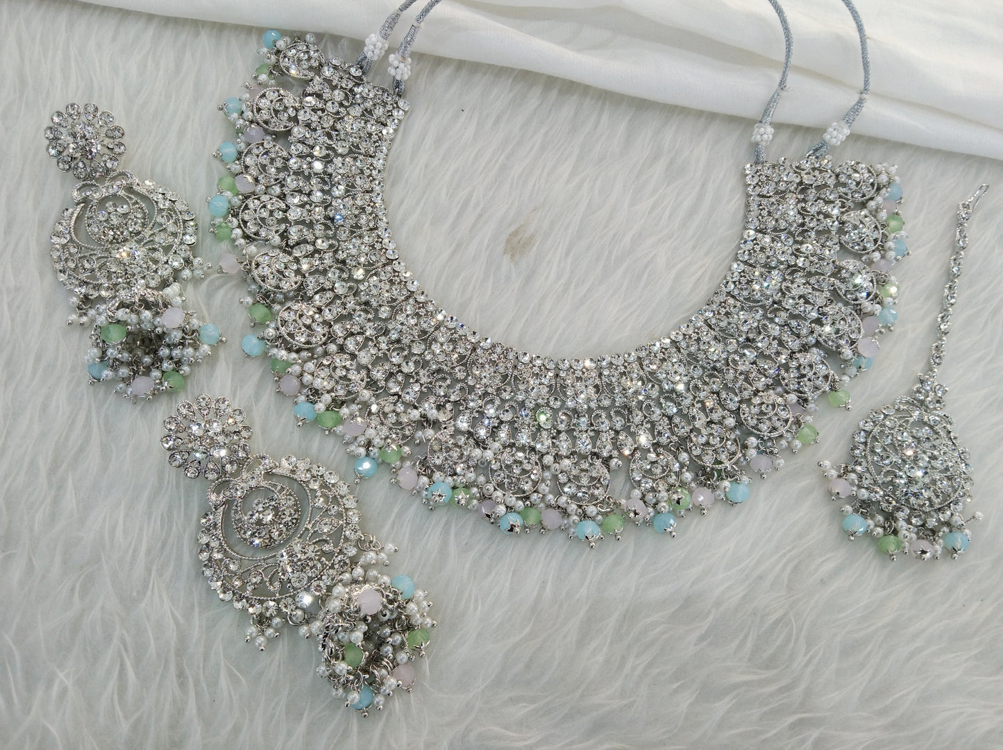 Silver Pink, light green, light blue Necklace Set/ Indian Bridal perm Jewellery