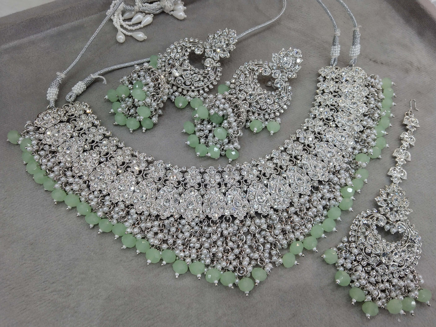 Indian Jewellery/Semi Bridal Silver Pista Jewellery Necklace Shallu Set