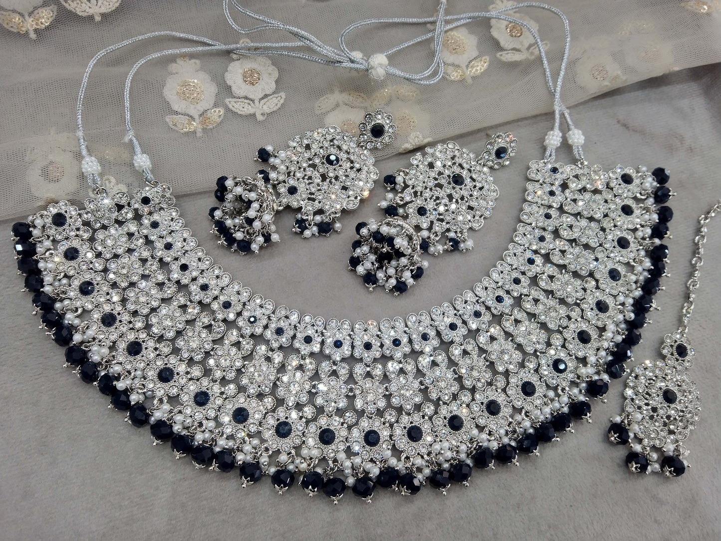 Indian Jewellery/Semi Bridal Silver Navy Blue jewellery Necklace Aditi set