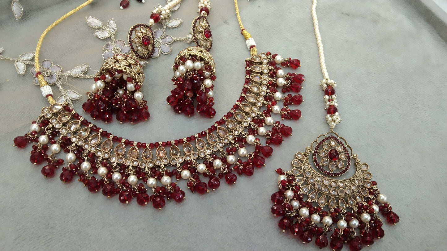 Indian Jewellery Antique Gold Maroon necklace Tikka Set/Gold Bollywood Ruhi Set