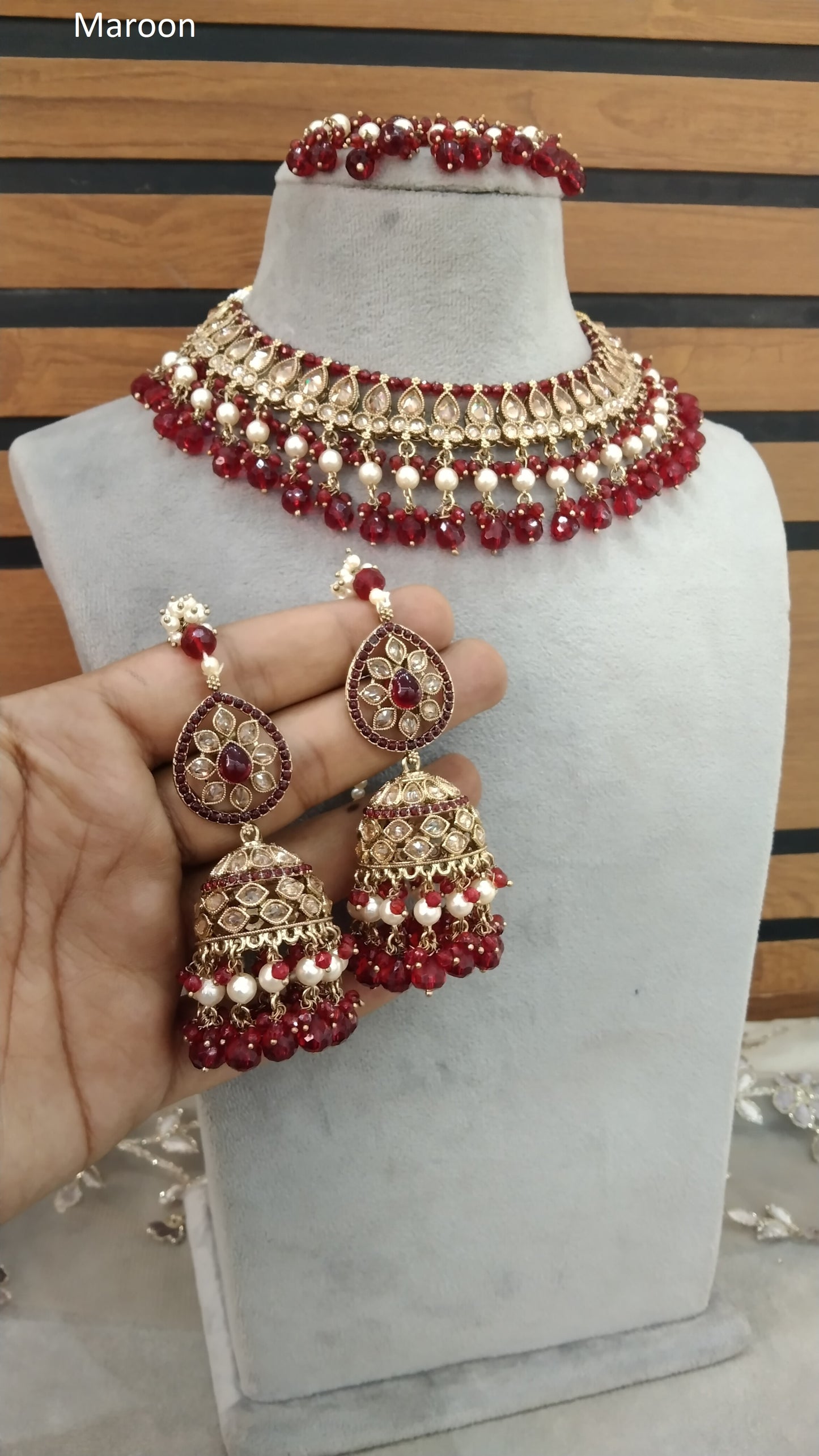 Indian Jewellery Antique Gold Maroon necklace Tikka Set/Gold Bollywood Ruhi Set
