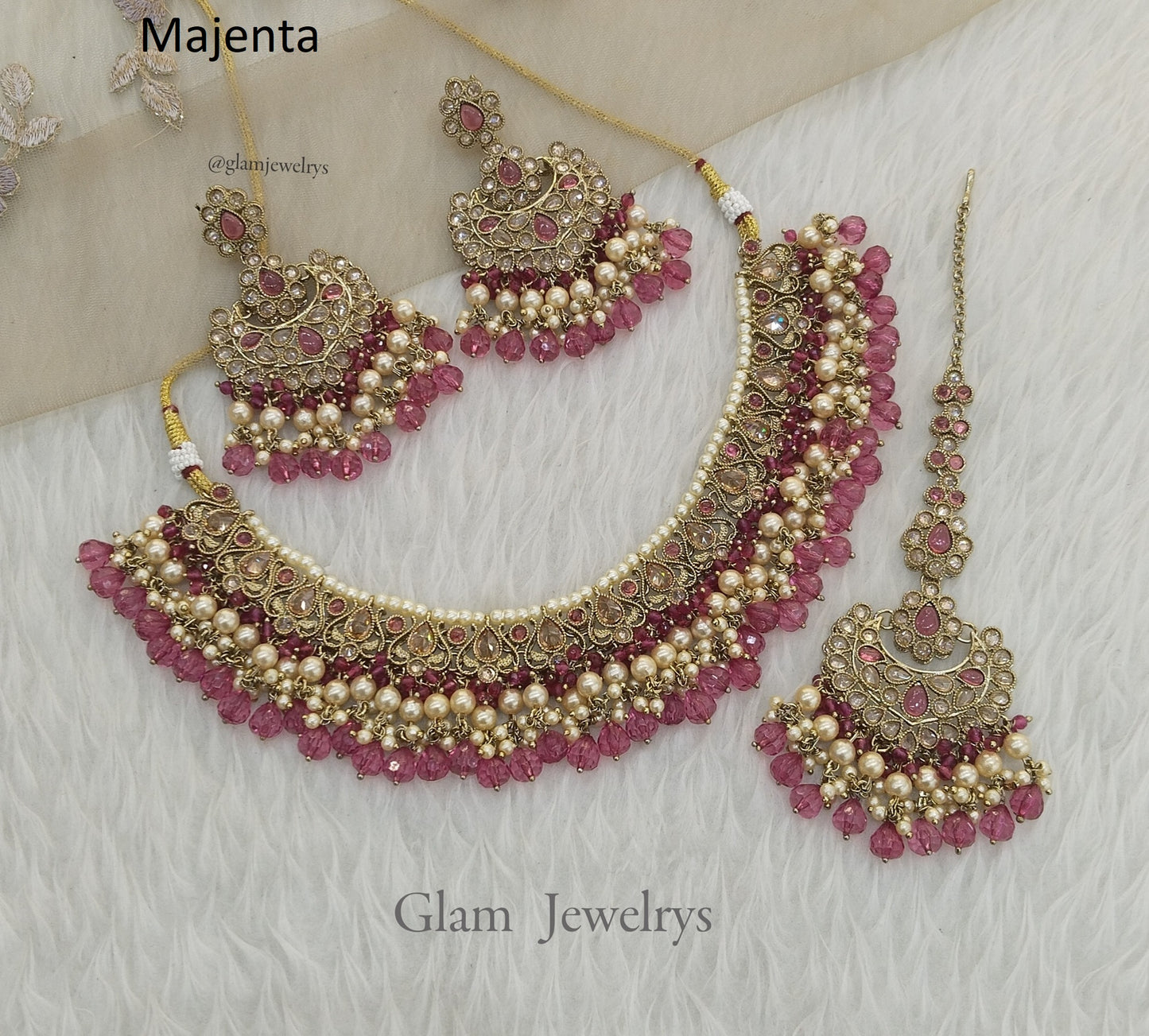 Indian Jewellery Antique Gold Majenta necklace Tikka Set/ Parisha