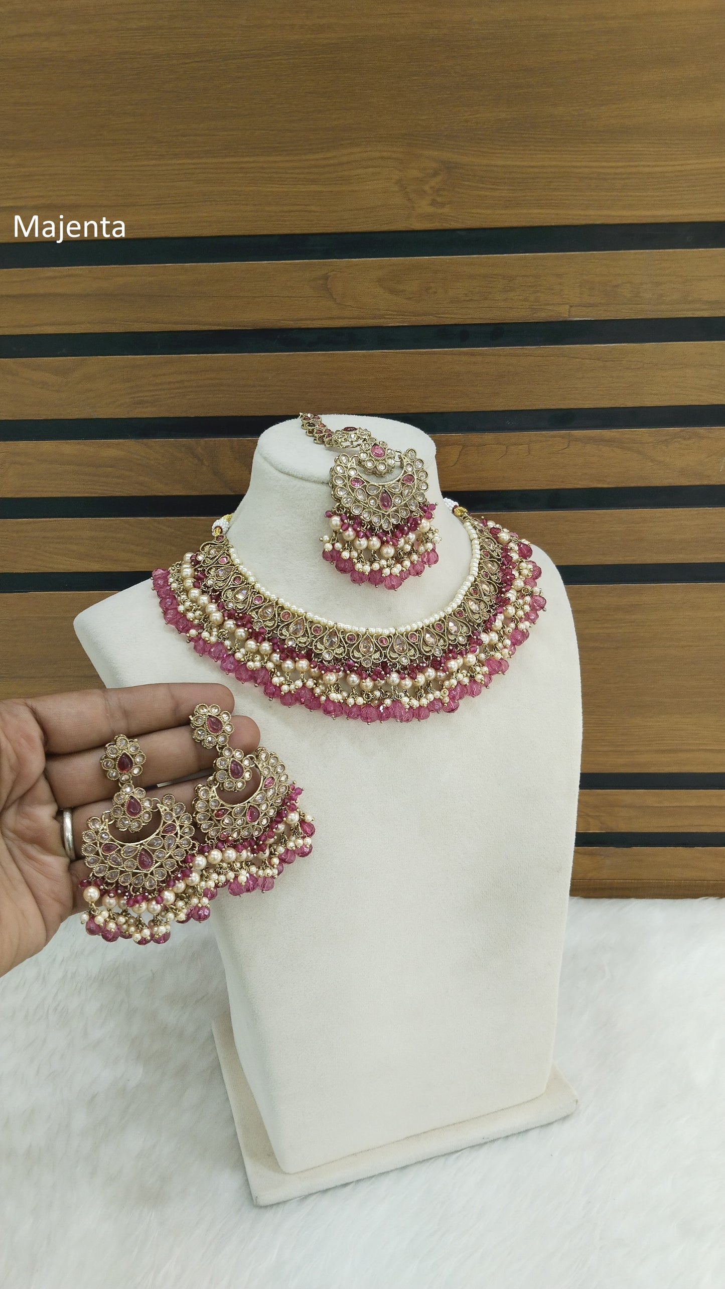 Indian Jewellery Antique Gold Majenta necklace Tikka Set/ Parisha