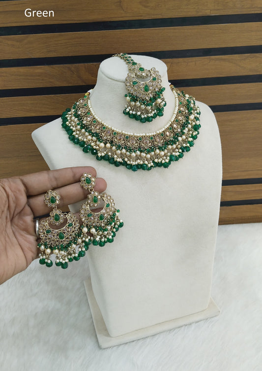 Indian  Jewellery Antique Gold Green necklace Tikka Set/ Parisha