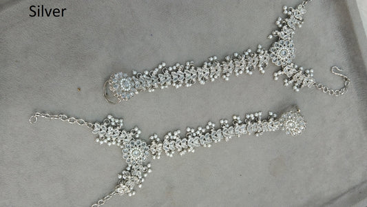 Indian  Hand Bracelets Silver Bridal pair Finger ring Panja Jewellery