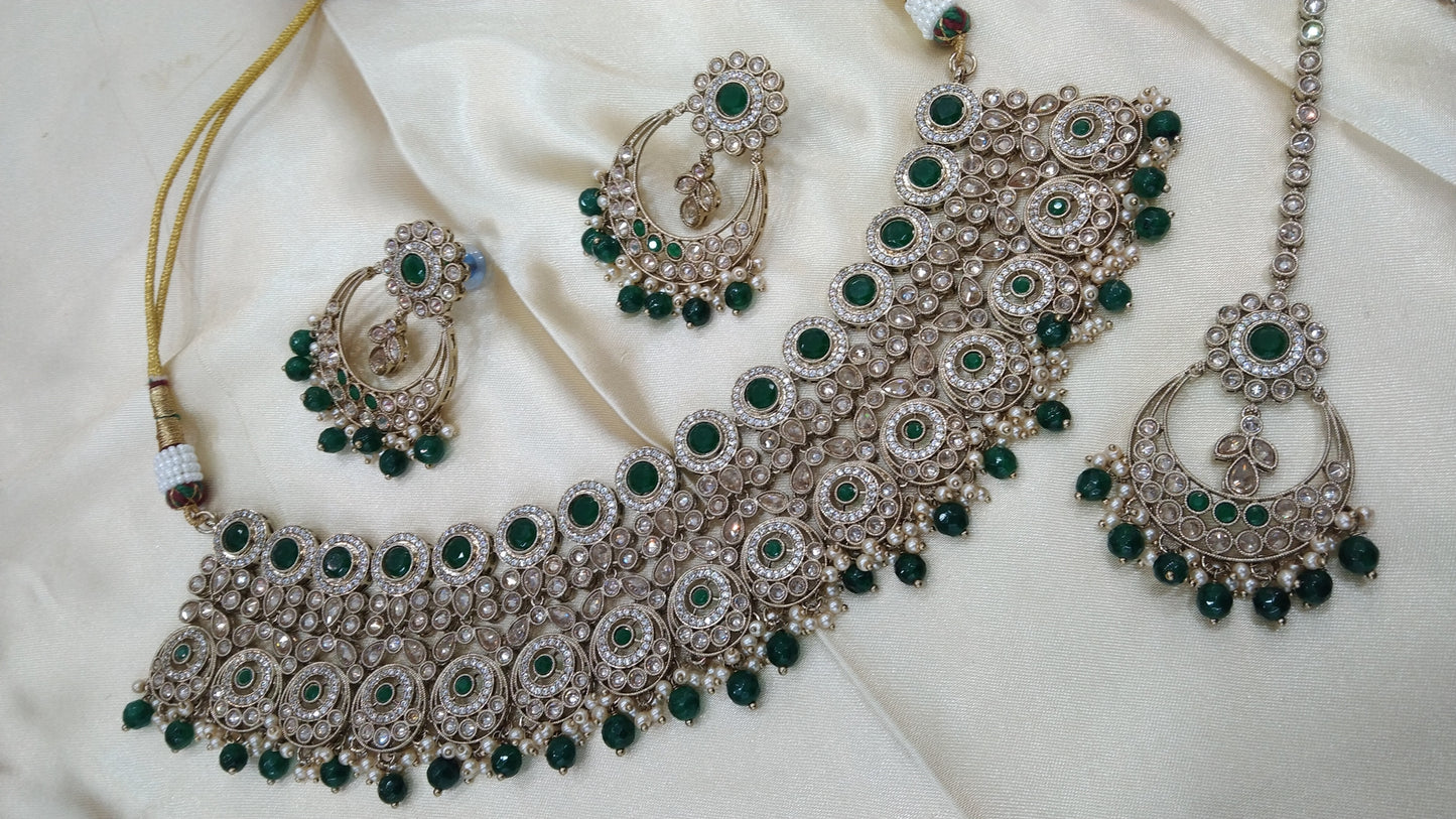Antique Gold Choker Set/ Green Indian Bridal Alisha Jewellery