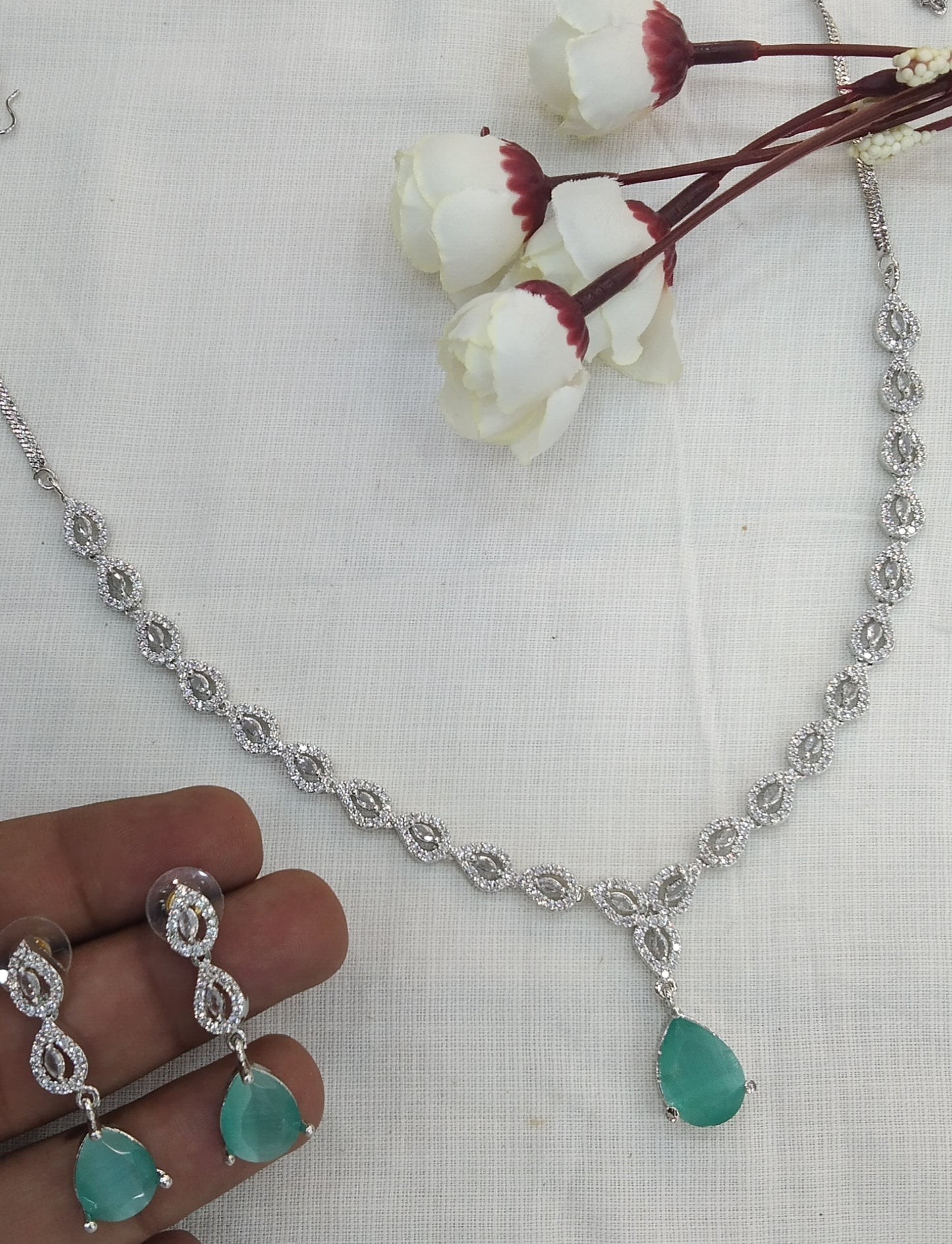Silver American Diamond Sea Green Cz Necklace Jewellery Anu set