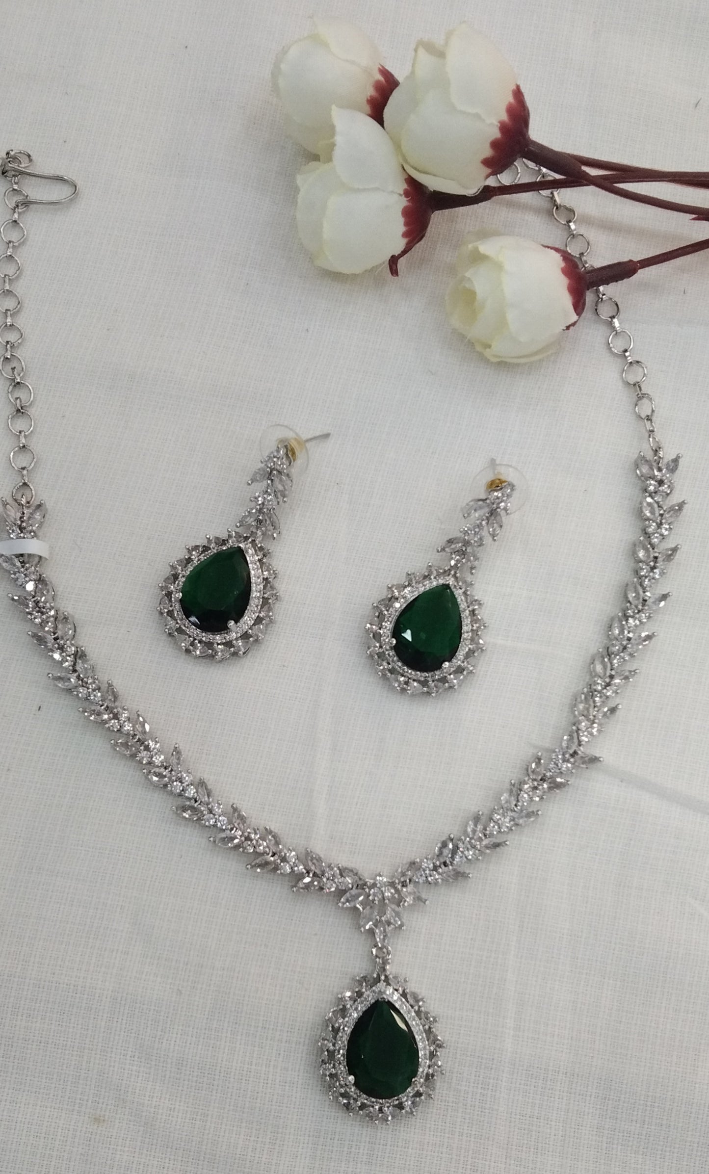 Green Silver Rani American Diamond Cz Necklace Jewellery set