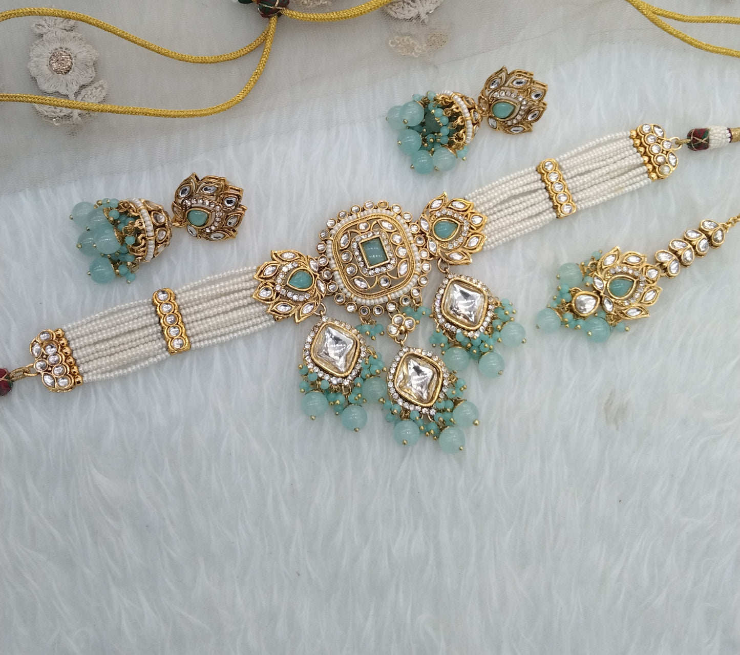 Sky Blue Indian Jewellery Kundan choker Hanshal Set