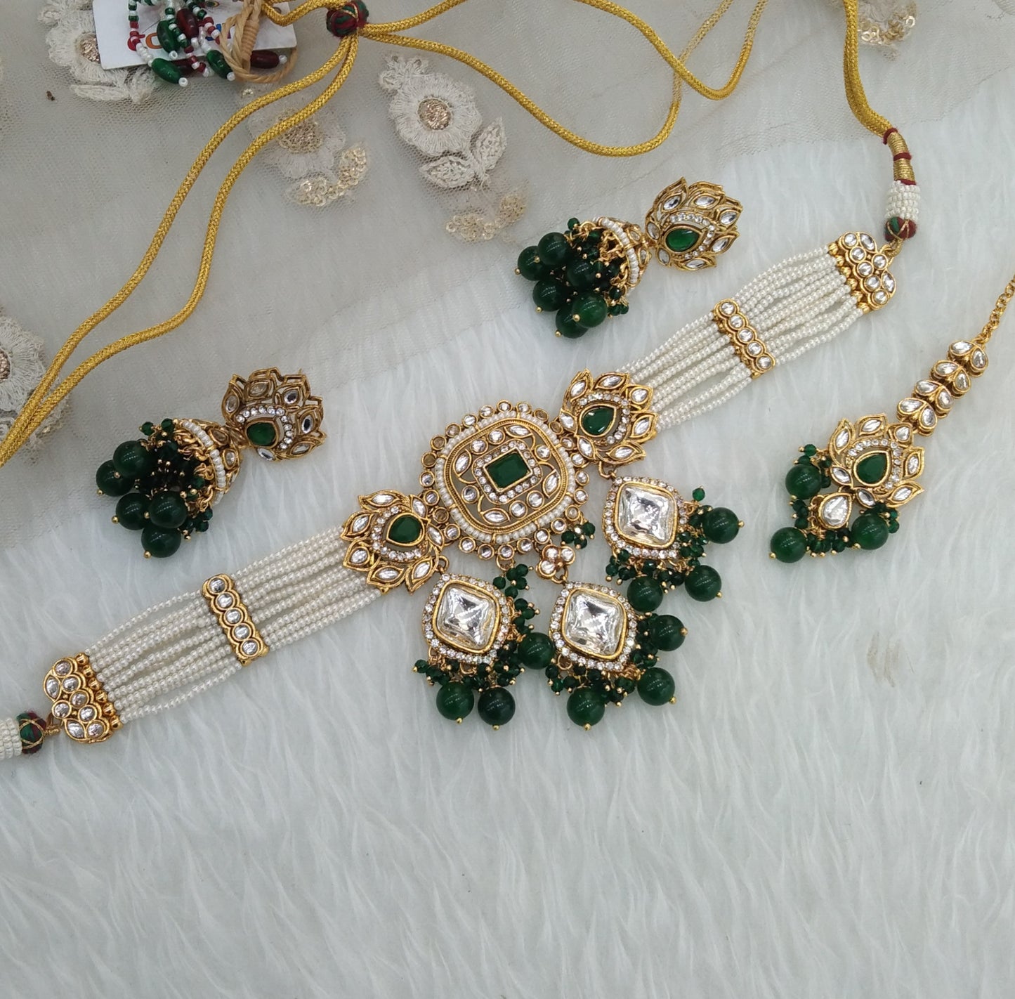 Green Indian Jewellery  Kundan choker Hanshal Set