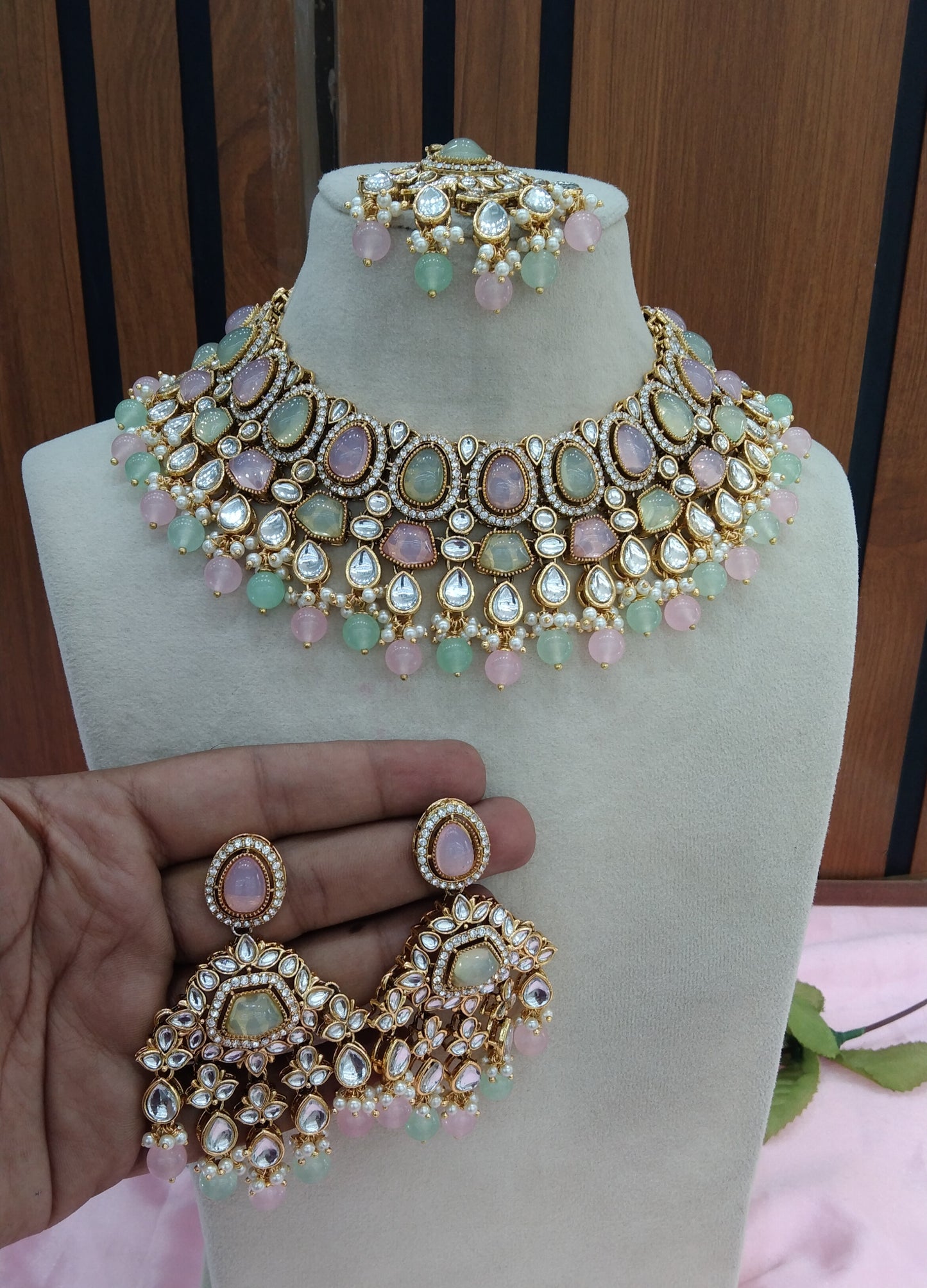 Mint Pink Kundan Necklace Jewellery Jiyaan Set