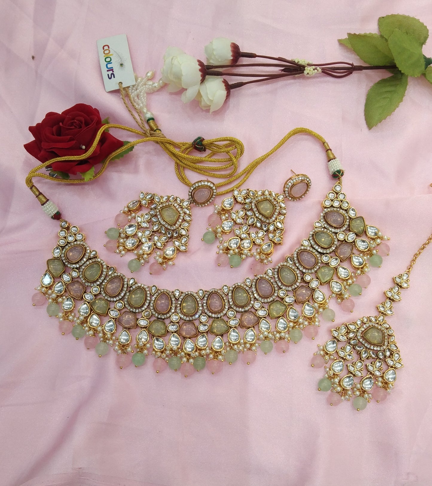 Mint Pink Kundan Necklace Jewellery Jiyaan Set
