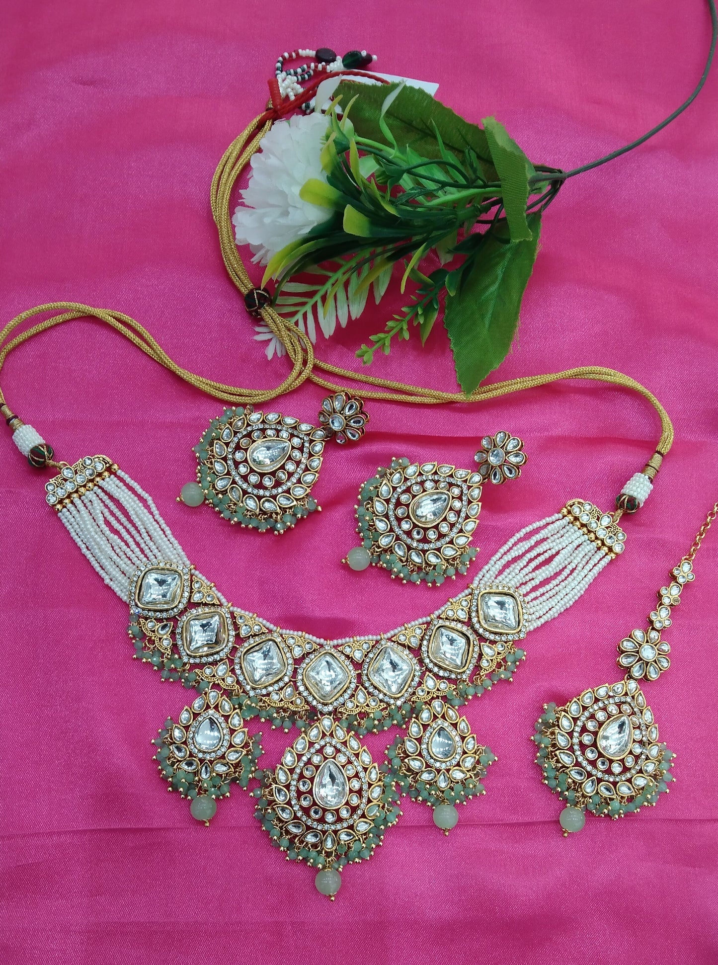 Pista Green Kundan Necklace Jewellery Rose Set