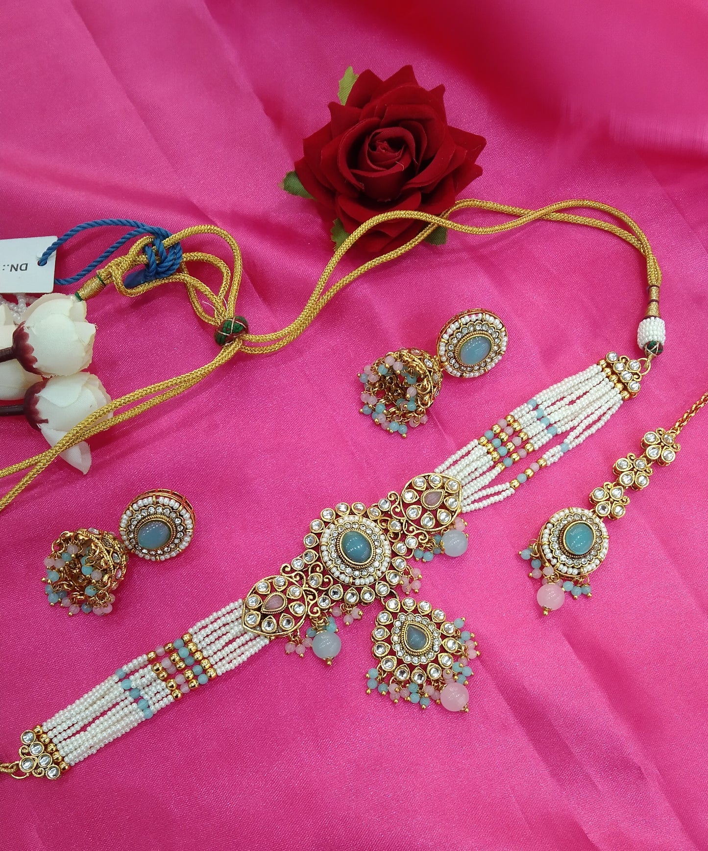 Sea Green Pink Kundan Choker Jewellery Firoh Set