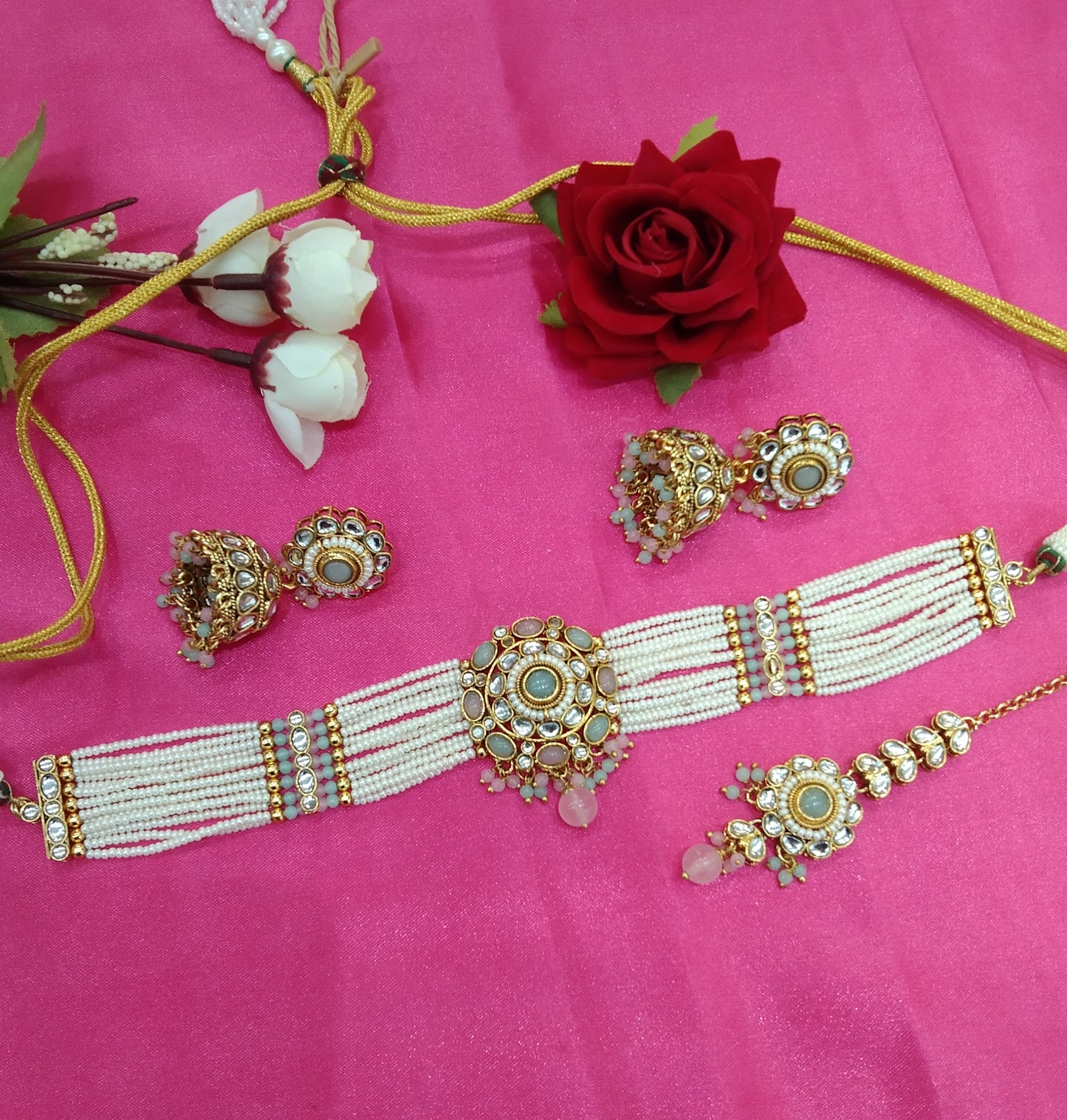 Mint Pink Kundan Choker Jewellery Fanish Set