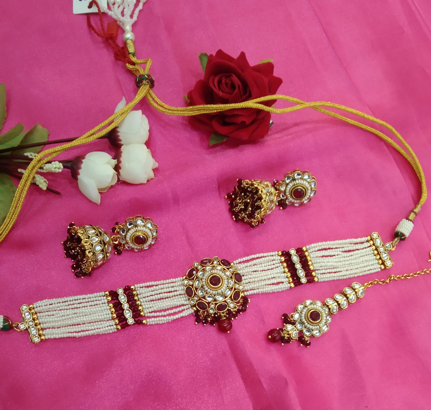Maroon Kundan Choker Jewellery Fanish Set