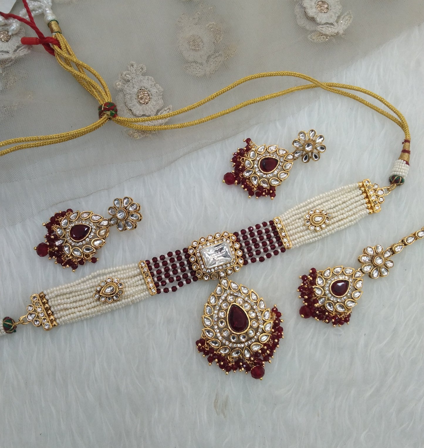 Maroon Kundan Choker Jewellery Kali Set