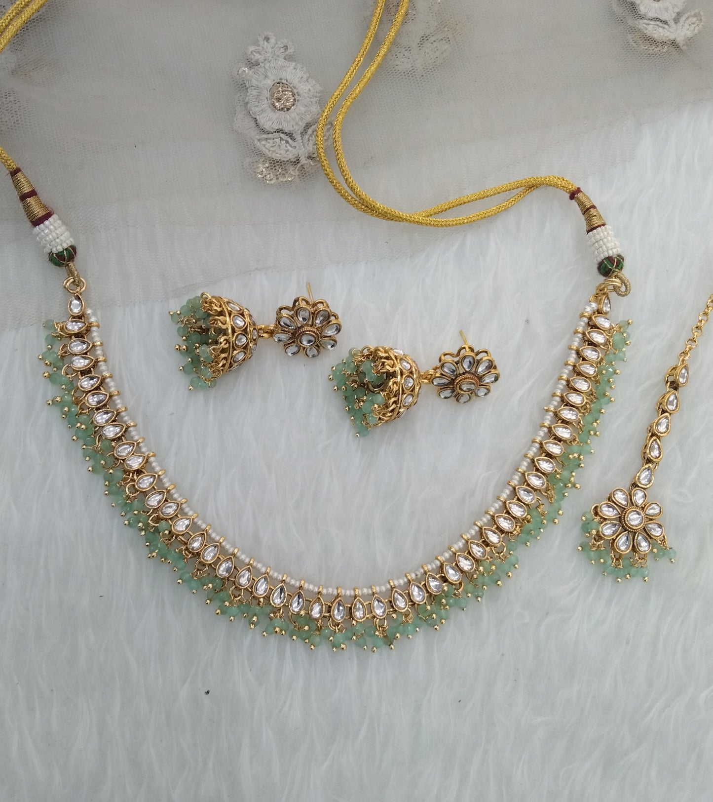 Pista Kundan Necklace Jewellery Kamal Set