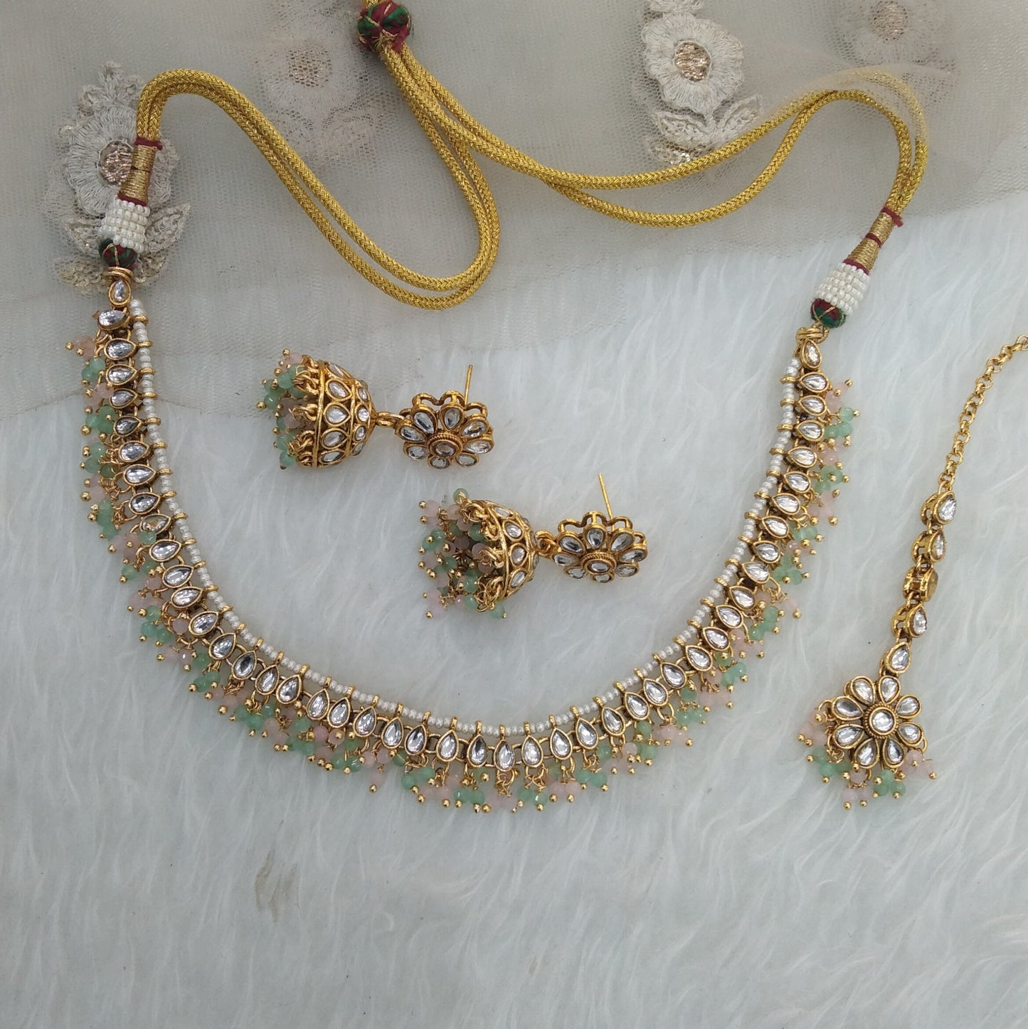 Mint Pink Kundan Necklace Jewellery Kamal Set