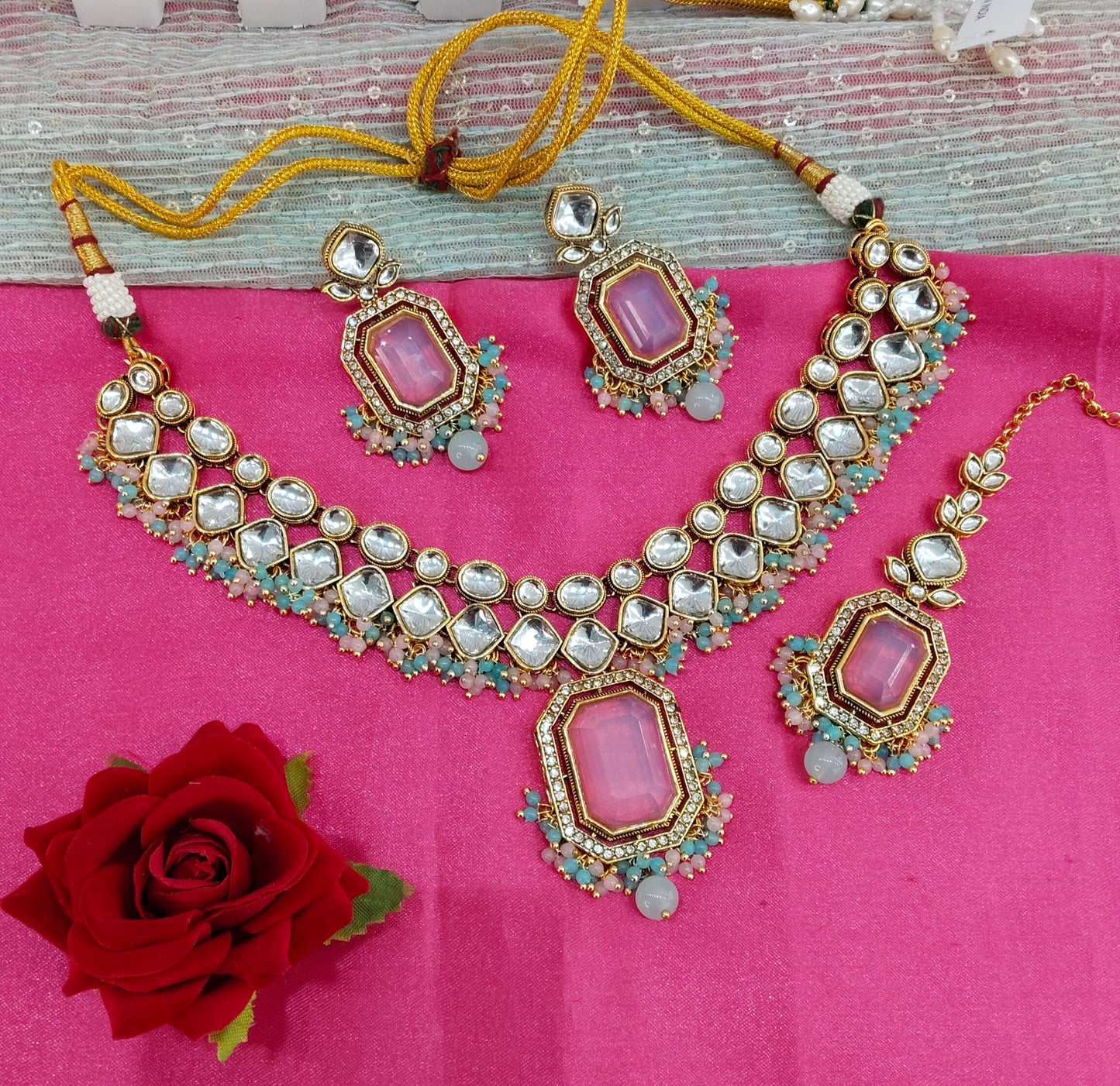 Sea Green Pink Kundan Necklace Indian Jewelry Legend Set