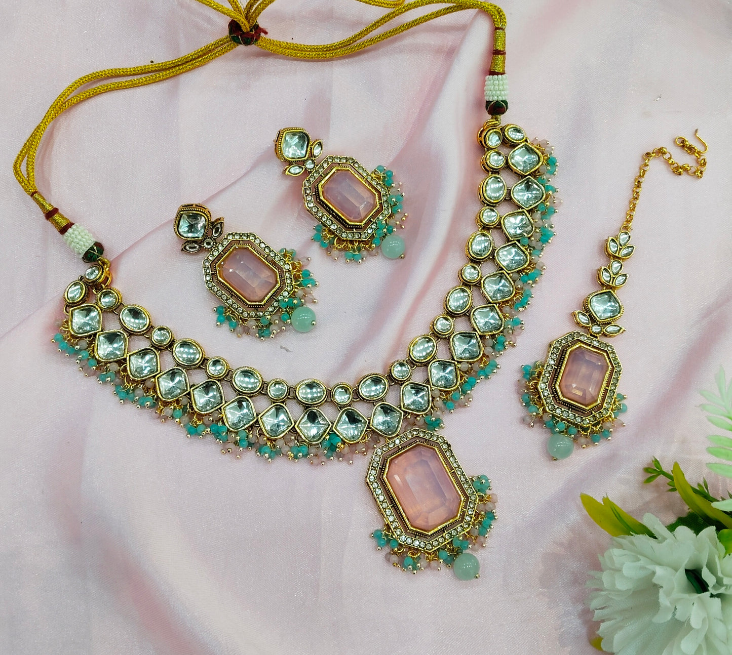 Sea Green Pink Kundan Necklace Indian Jewelry Legend Set