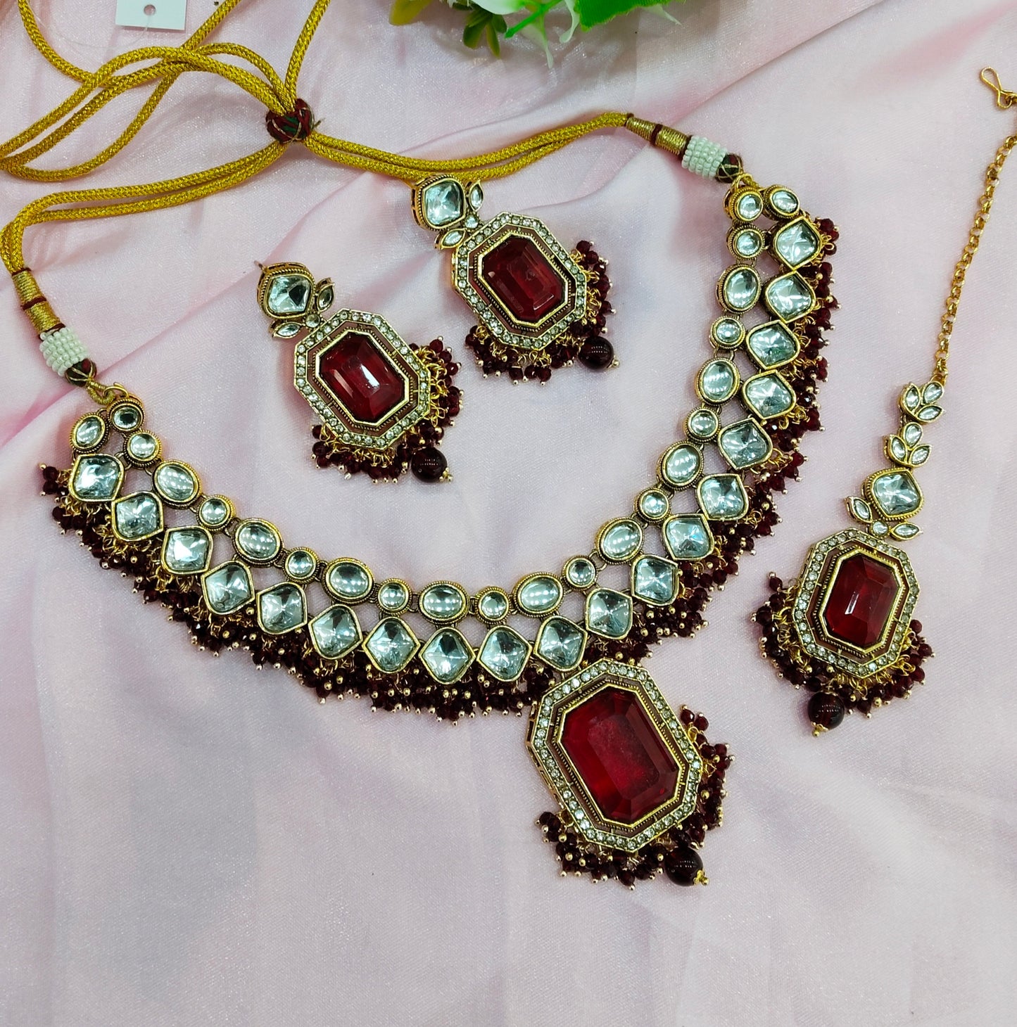 Maroon Kundan Necklace Indian Jewelry Legend Set